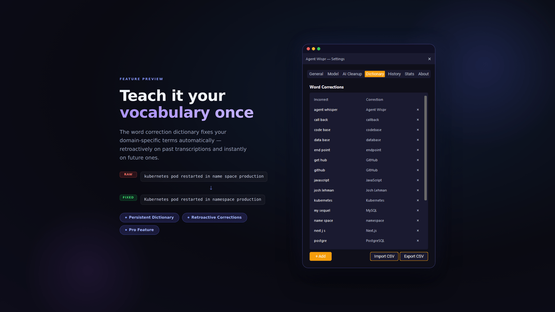 Word Correction Dictionary — retroactive fixes