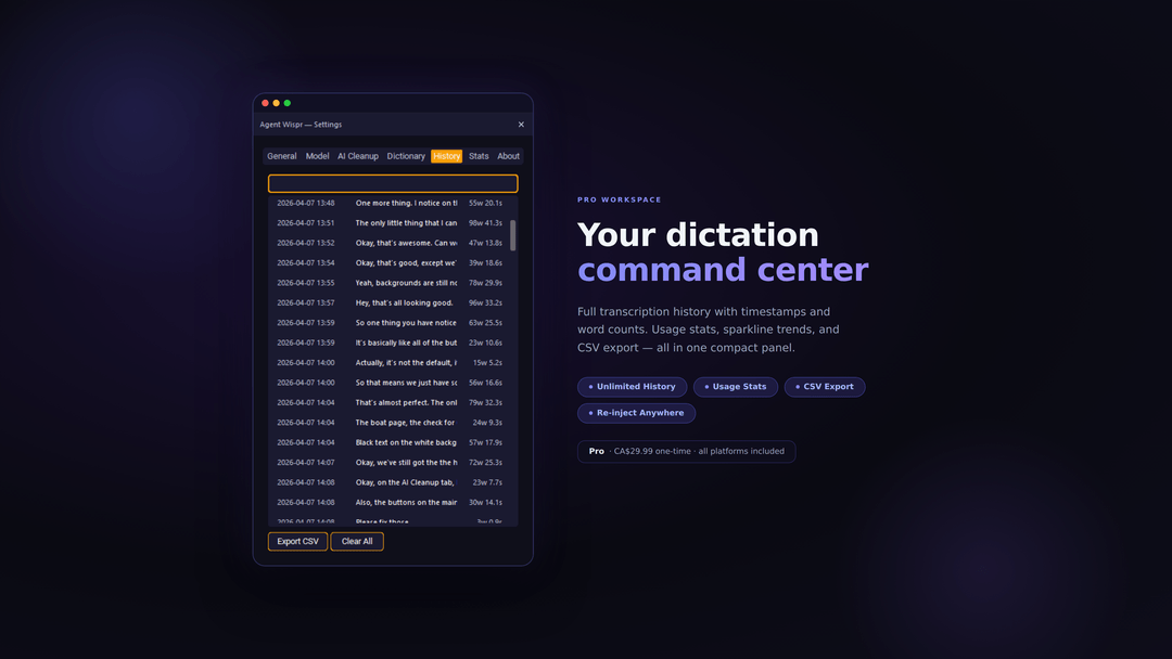 Agent Wispr Pro Workspace — transcription history log